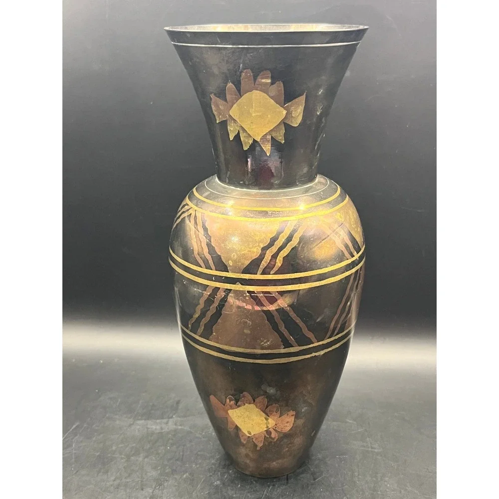 Vtg Solid Brass Black Etched Floral Geometric Vase Art Deco Style Decorative 10